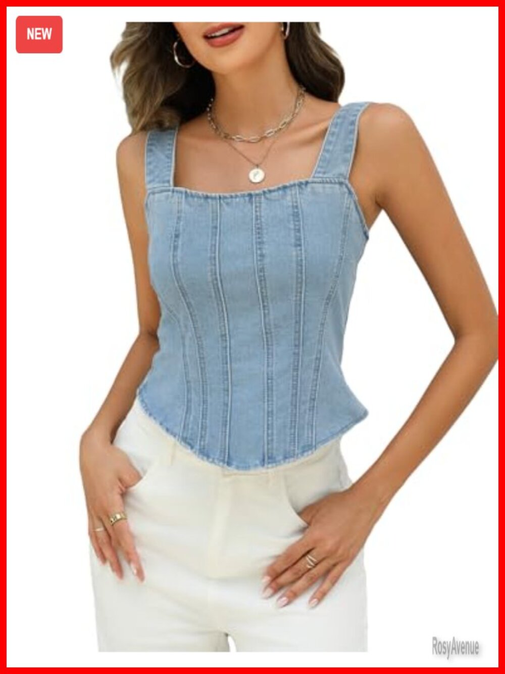 Denim Corset Top Womens Square Neck Sleeveless Back Tie Cropped Jean Tank